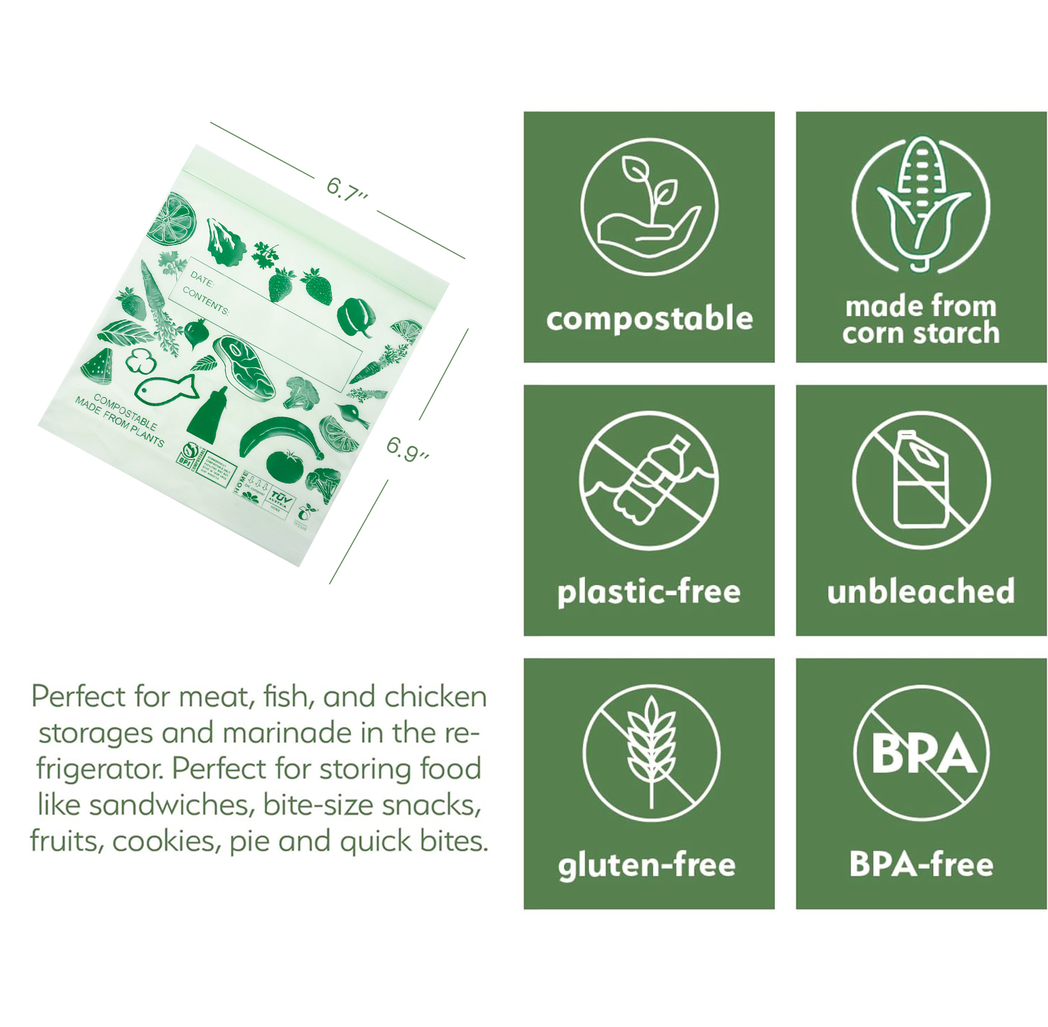 100% Home Compostable Food Storage Zipper Bags